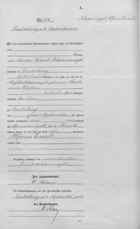 Lauterbourg - Etat civil - Registre de naissances 1903 - Détail document
